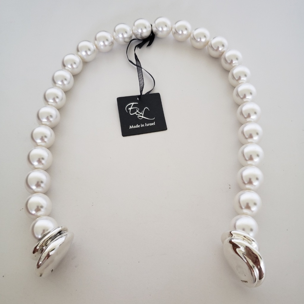 E&L Israel Sterling Silver Electroform Shell Pearl Beaded Necklace 18" - Picture 5 of 9